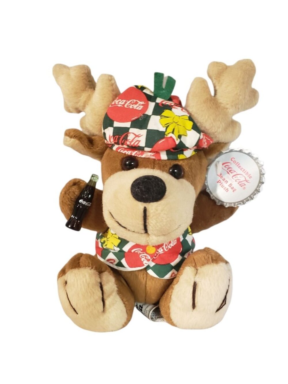 1998 Collectible Coca-Cola Moose Bean Bag Plush With Holiday Hat & Bottle